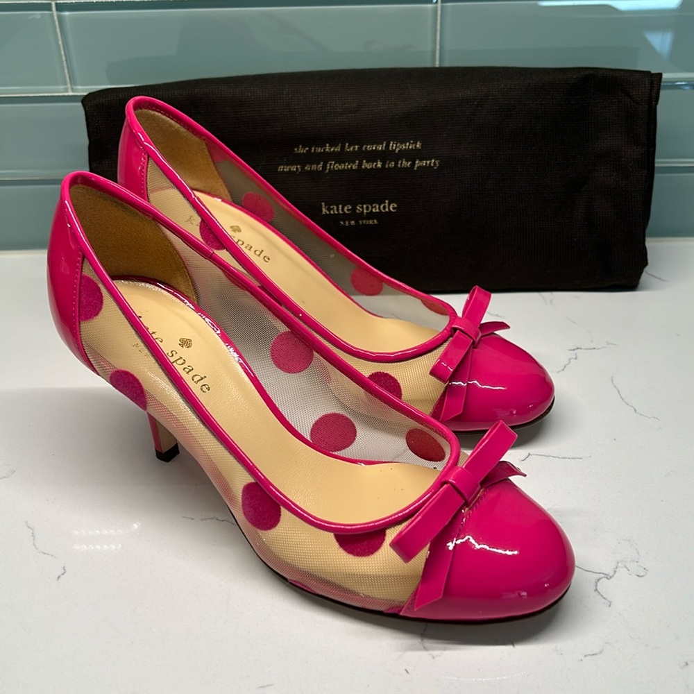 Kate Spade Pink Polka Dot with Mesh and Pink Bow Accents. 2 Inch Heels/Pumps.
